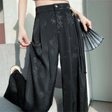 New Chinese Style Jacquard Wide Leg Satin Pants for Women Elegant Solid Office Lady Women's Casual Loose Pants Female