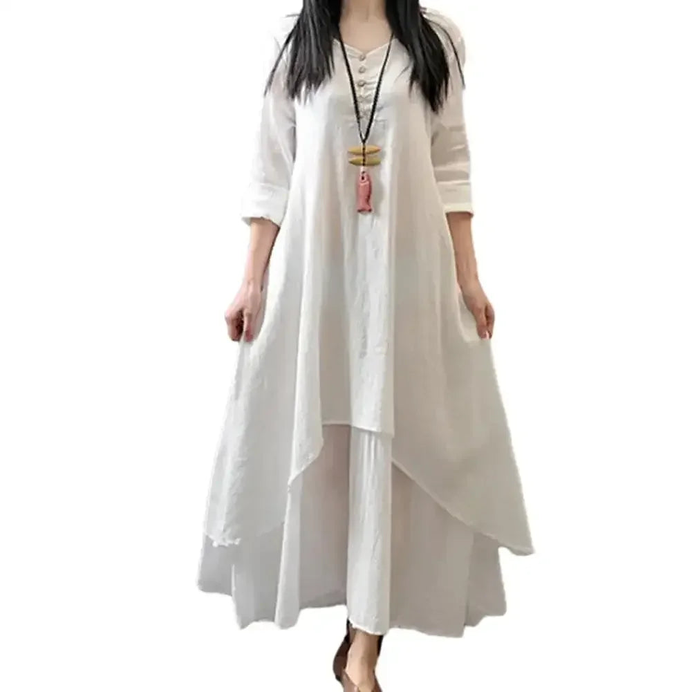 Women Elegant Linen White Dresses Bohemia Layering Vintage Robe Long Sleeve Loose Long Dress Female Autumn Vestidos