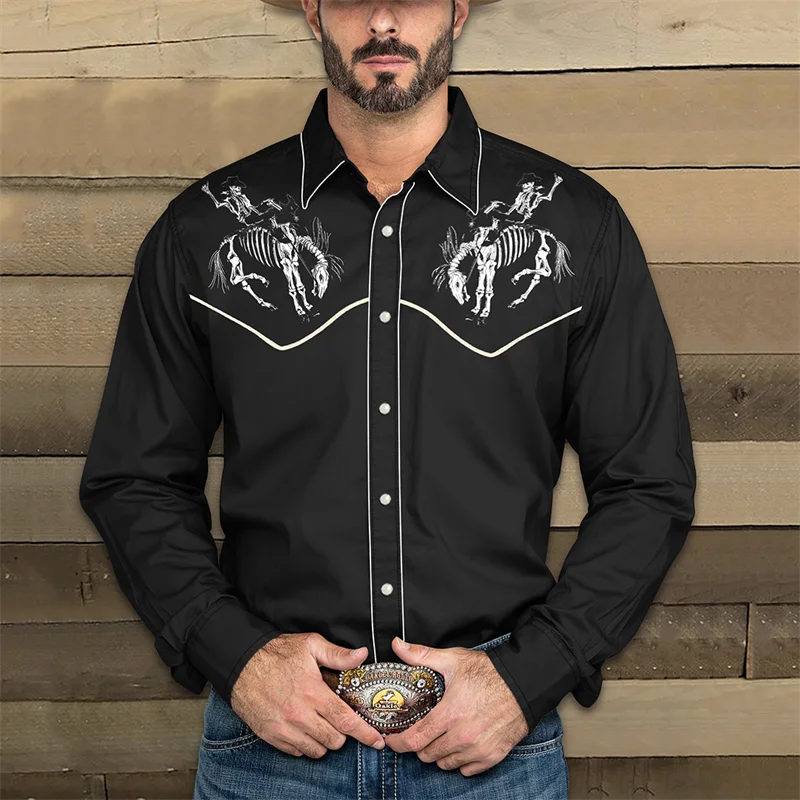 Men's Long Sleeve Western Denim Shirt, Outdoor Casual Party, HD Pattern, Soft and Comfortable Button Lapel