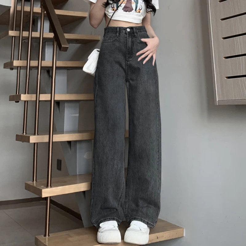 Woman Vintage Wide Leg Jeans Girls High Waist Pants Female Fashion Black Black Grey Retro Blue Light Blue Pink Denim Trousers