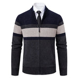 Men's New Winter Sweater Thick Fleece Warm Sweater Casual Stand Collar Zipper Cardigan Fashion Striped Coat