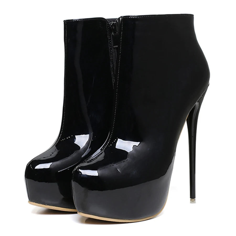 Big Size 35-47 Patent Leather Women Boots Round Toe Side Zipper Super High Heels 16CM Pumps Sexy Platform Party Shoes Woman