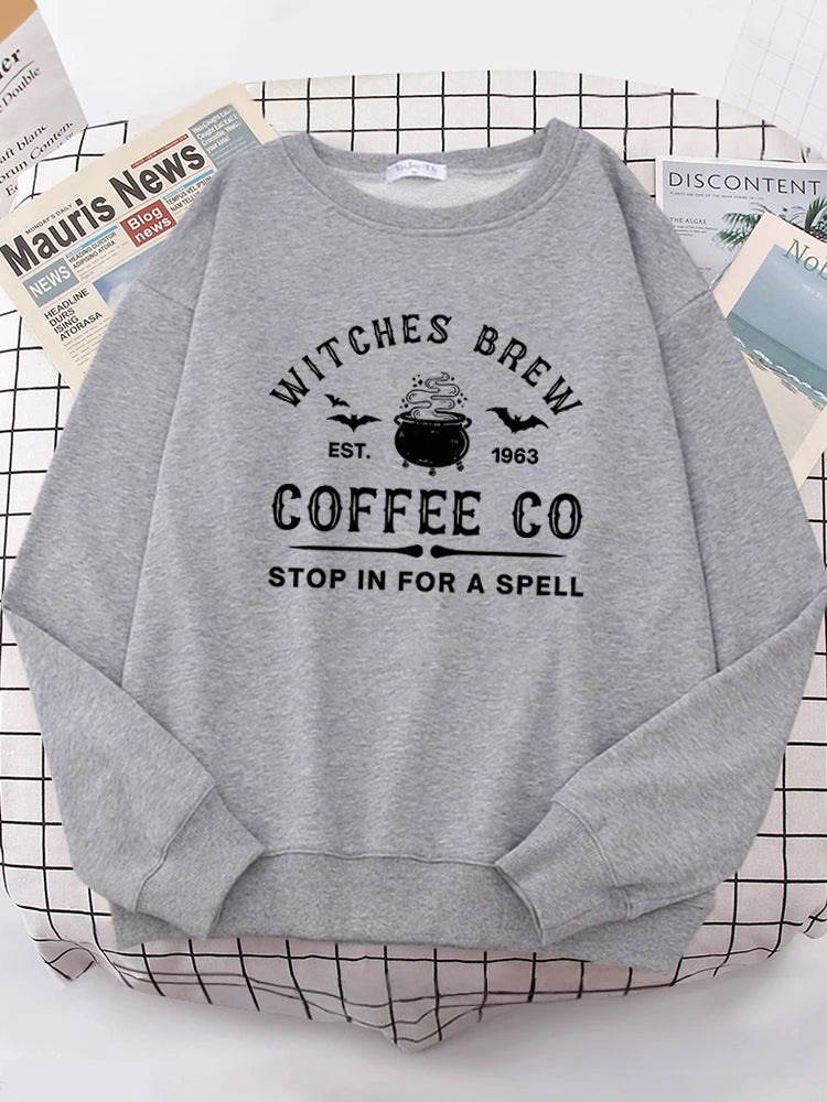 Witches Brew Coffee Letter Printing Simple Solid Color Letter Printing Womens Sweatshirts Long Sleeves Warm Pullover Clothes