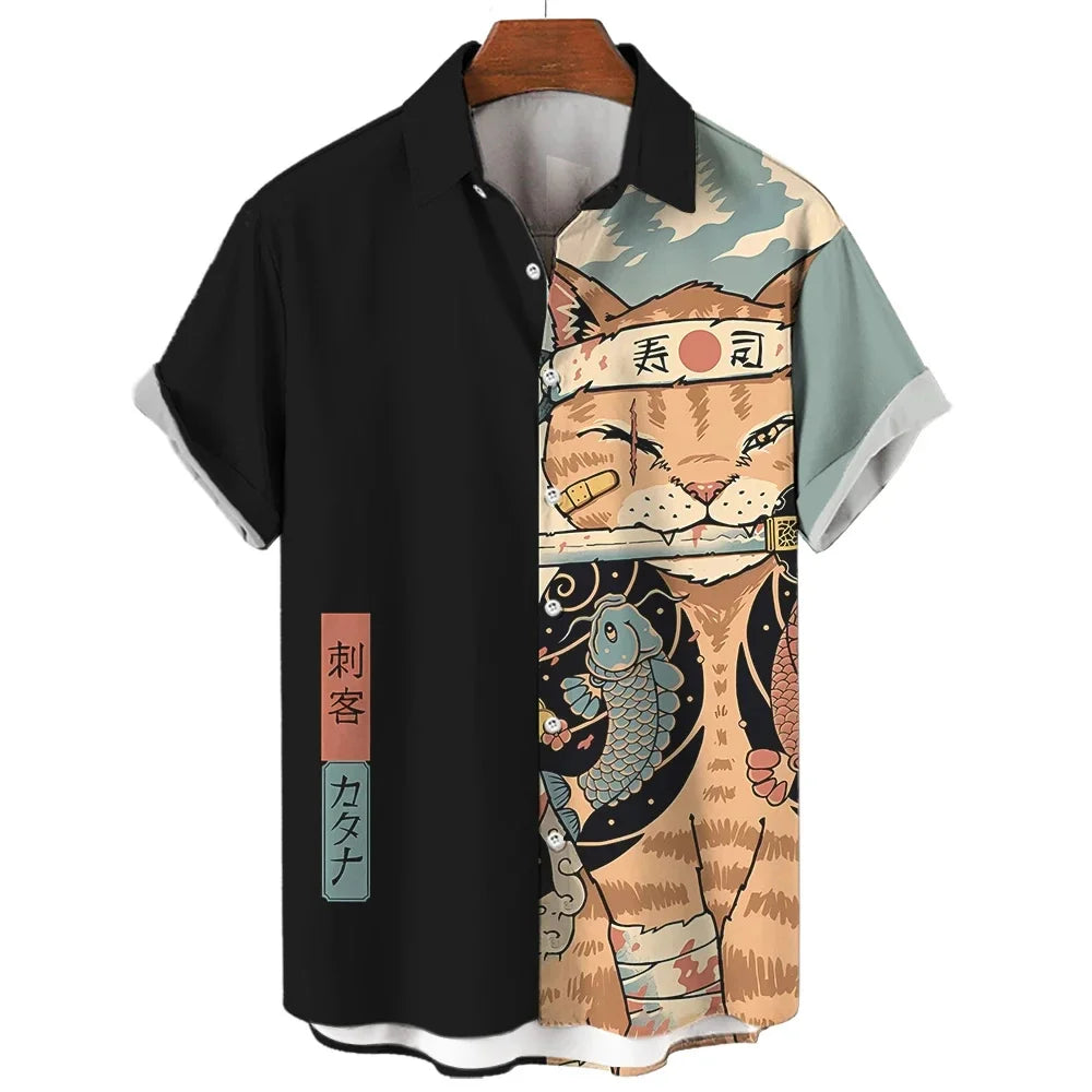 Fashion Men's Clothing Cool Samurai Cat Tops Summer New Men's Clothing Casual Short-Sleeved Anime Loose Blouse Hawaiian Shirts