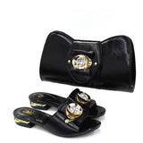 Latest Italian Design Fashion African Women's Low Heel Comfortable Shoes and Bags Set Leather Casual Ladies Slippers