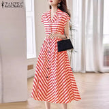 Fashion Office Stripes Shirt Dress Women Korean Work A-line Midi Dress Summer Elegant Lapel Collect Waist Vestidos