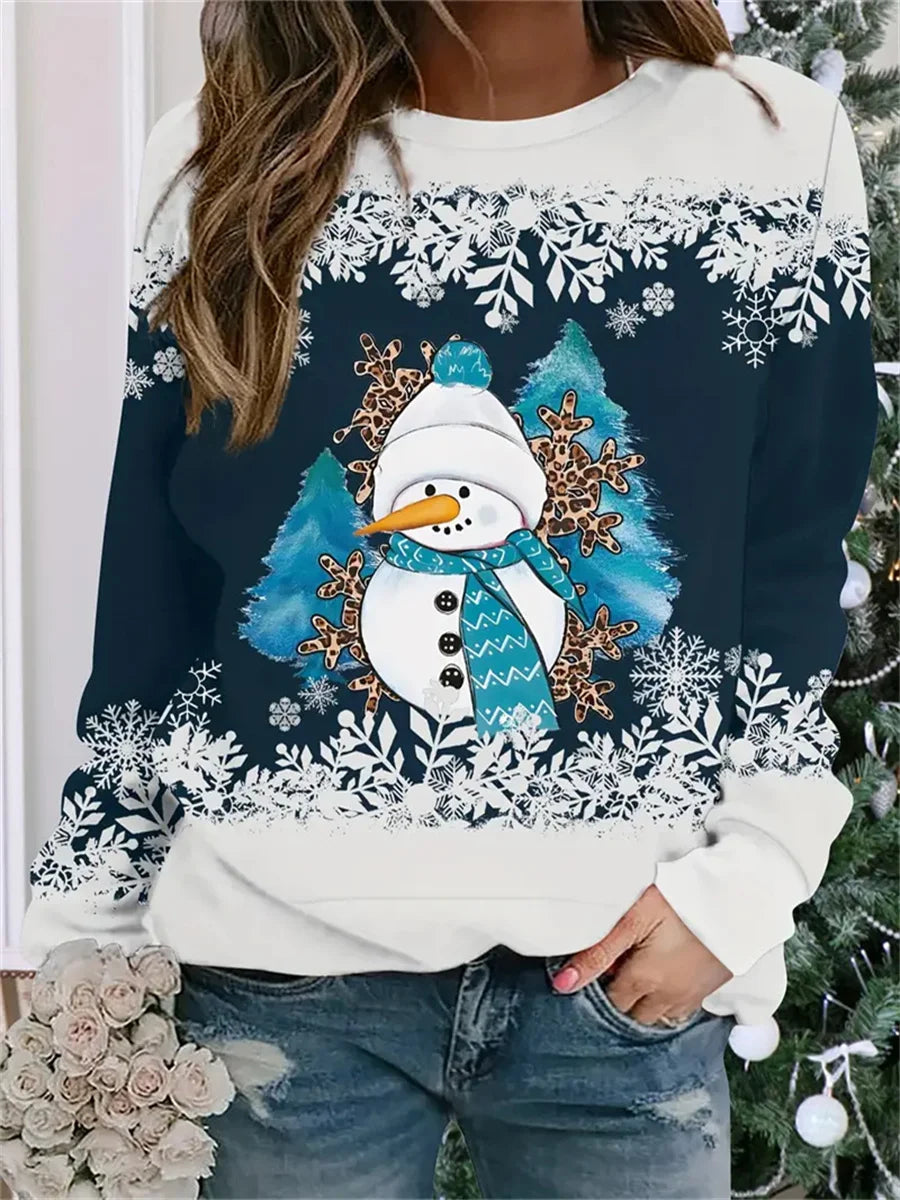 Christmas snowman print autumn and winter women's long-sleeved round neck casual pullover large size sweatshirt