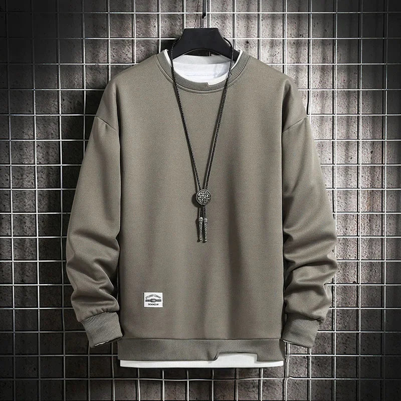 Men's Casual Sweatshirts Hoodie Men Fake Two Pieces Multi Color O-Neck Fashion Harajuku Style Male Sweatshirt New