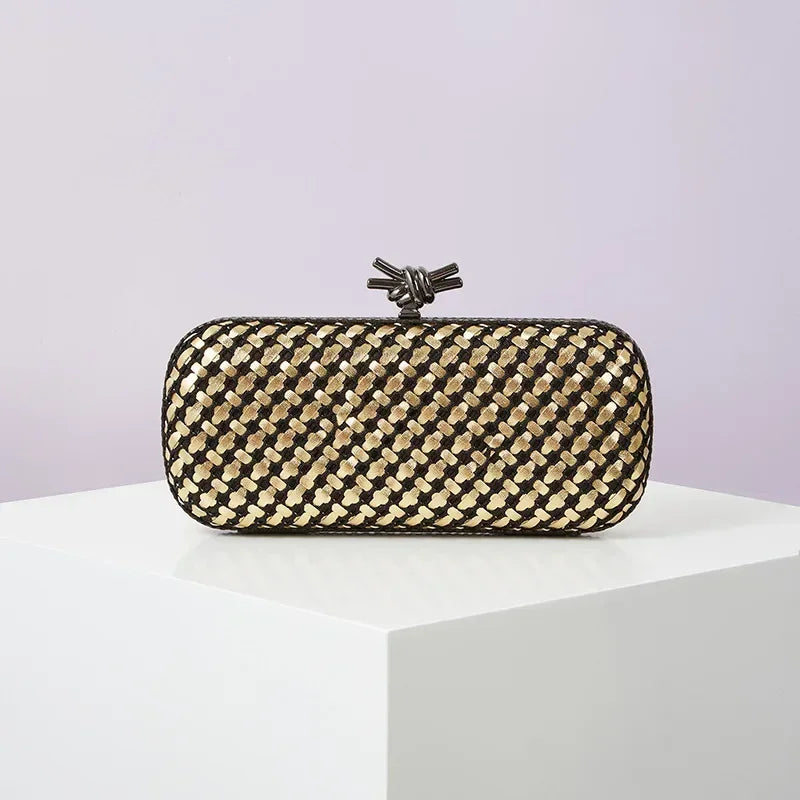 Gold Evening Clutch Bag for Women Leather and Bright Line Woven Purse Elegant Ladies Metal Knot Party Handbag Bolsas Femininas