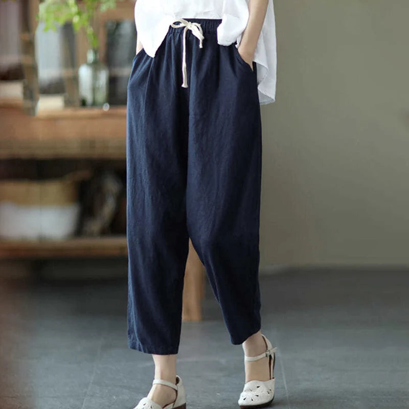 Rimocy Summer Casual Cotton Linen Pants Women Retro Pockets Loose Harem Pants Woman Solid Elastic Waist Trousers Female