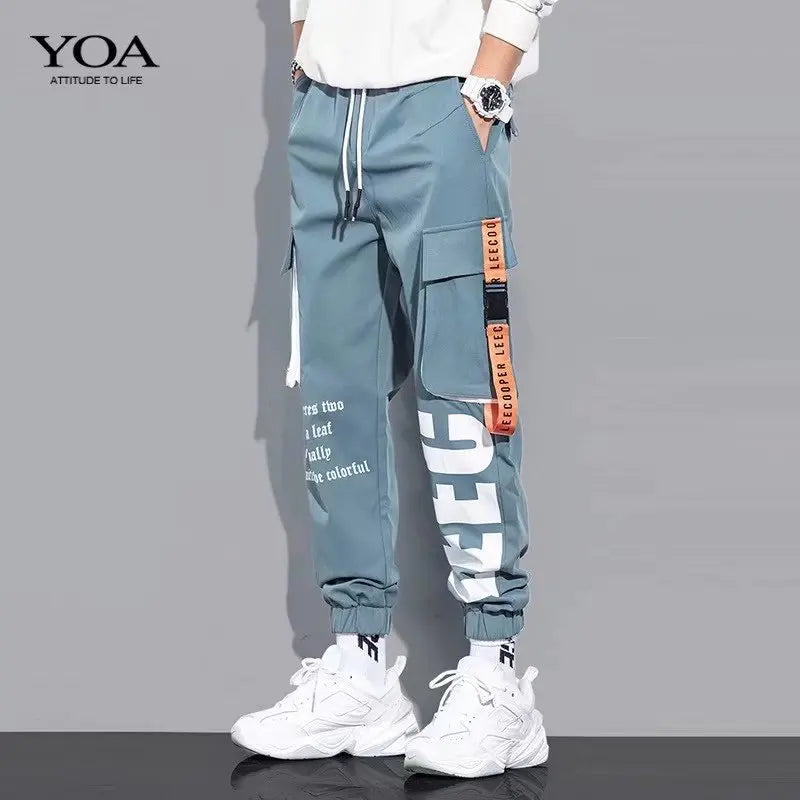 Men's Cargo Pants Casual Hip Hop Hit Color Multiple Pockets Trousers Streetwear Ribbons Techwear Sweatpants