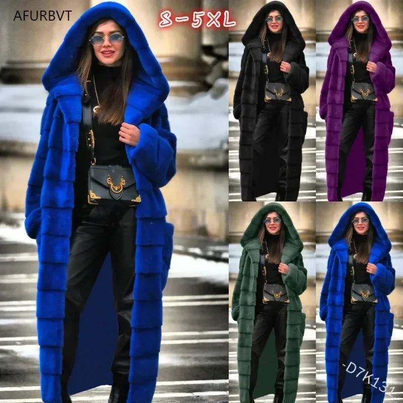 TPJB Casual Faux Fur Coat Women Hoodies Furry Thick Warm Long Faux Rabbit Fur Jacket Slim Winter Coat Women Casaco Feminino 5XL