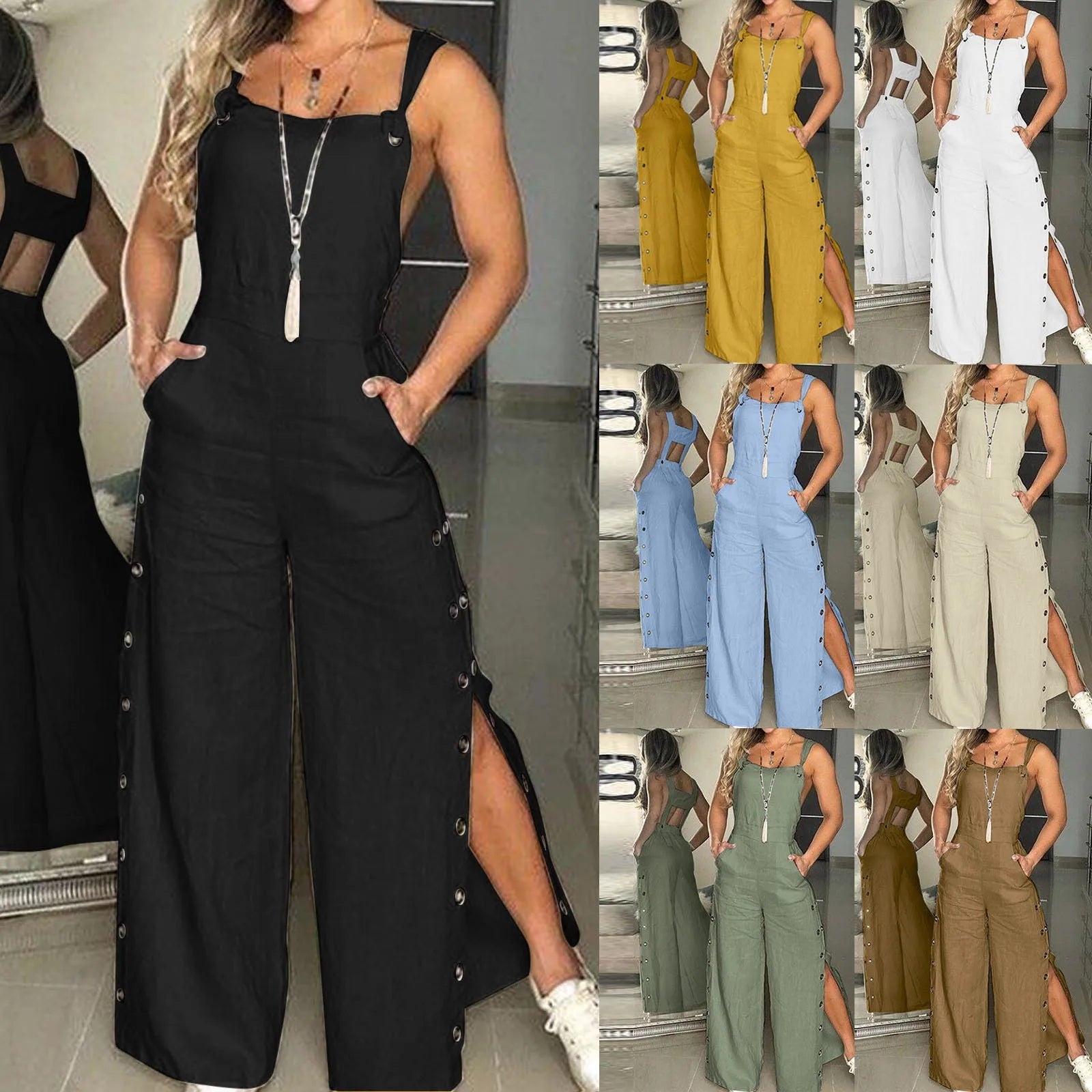 Sports Jumpsuit Woman Gym Women's Summer Sleeveless Twisted Knot Cotton Strappy Pants Button Openings Loose Long Pants