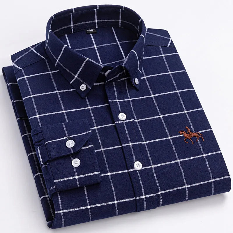 100% Cotton Oxford Shirt Men's Long Sleeve Embroidered Horse Casual Without Pocket