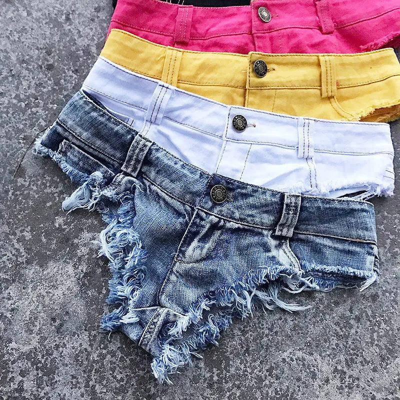 Qisin New Women Sexy Low Waist Hole Tassel Denim Shorts Jeans Thong Short Feminino