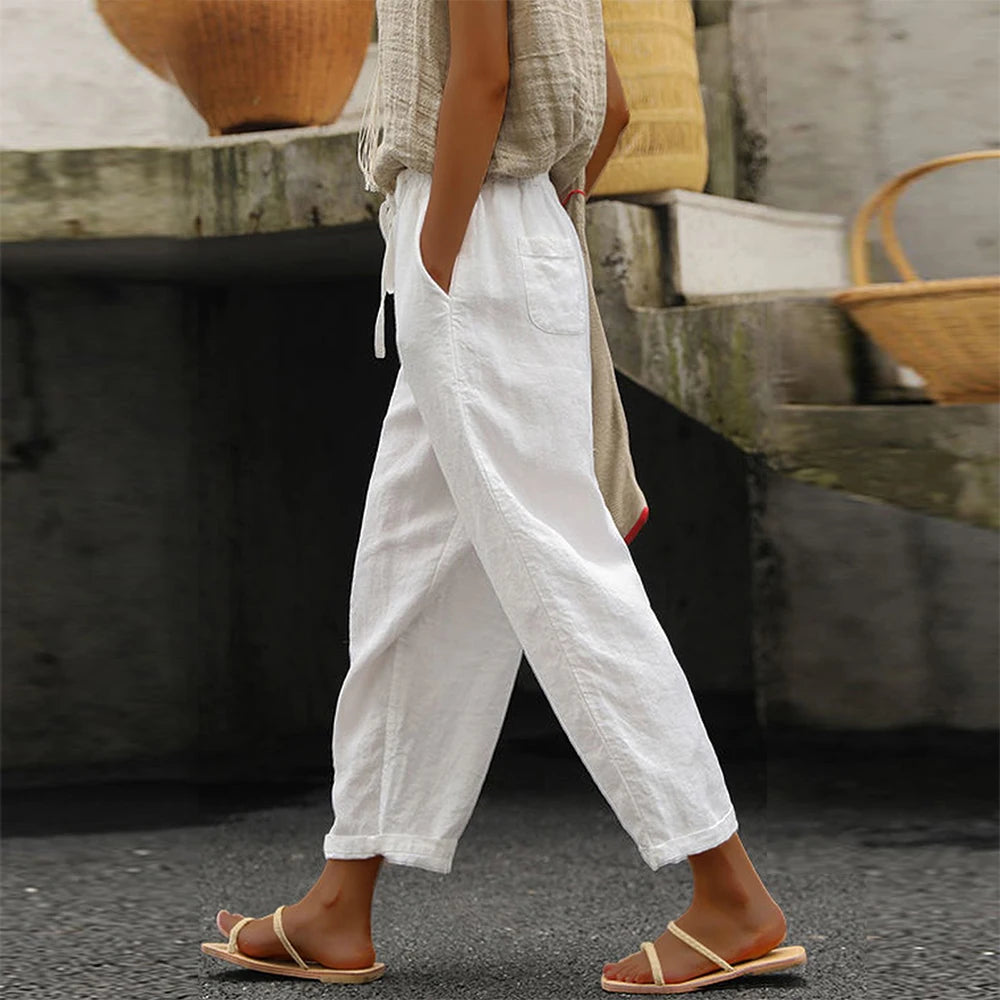 Women Simple Casual Trousers Cotton Linen Solid Color Pockets Drawstring Trousers Summer Thin Ladies Elastic Waist Chino Pants