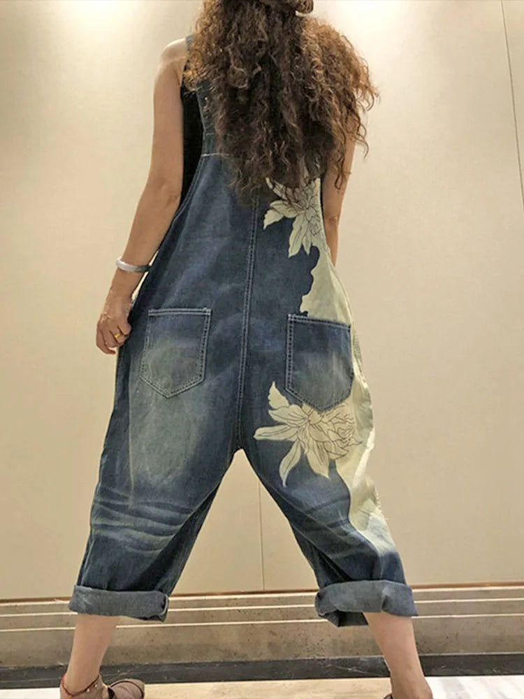 Korean Females Fashion Overalls Ladies Spring Printed Denim Harem Pants Vintage Casual Jeans Womens Loose Vintage Trousers