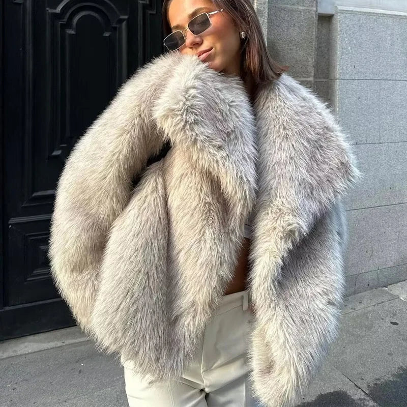 TRAF Faux Fur Coat 2024 Woman New in coats Autumn Winter Fur Plush Fluffy Jacket Warm Red Gray Black White Fur Coat Outerwears