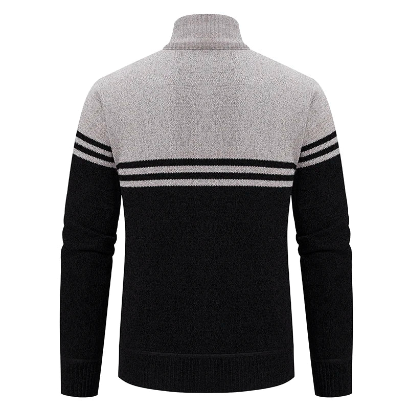 Men's New Winter Sweater Thick Fleece Warm Sweater Casual Stand Collar Zipper Cardigan Fashion Striped Coat