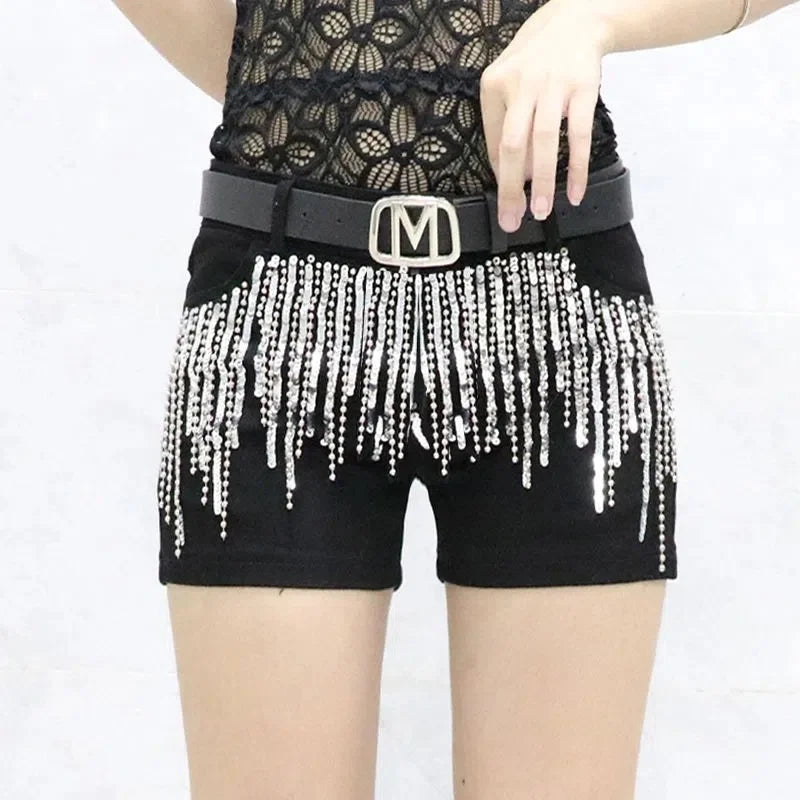 Black Sequins tassels Denim Shorts Women's Streetwear 2023 Summer New Korean Slim Chain Trend Hot Pants White Casual Short Jeans