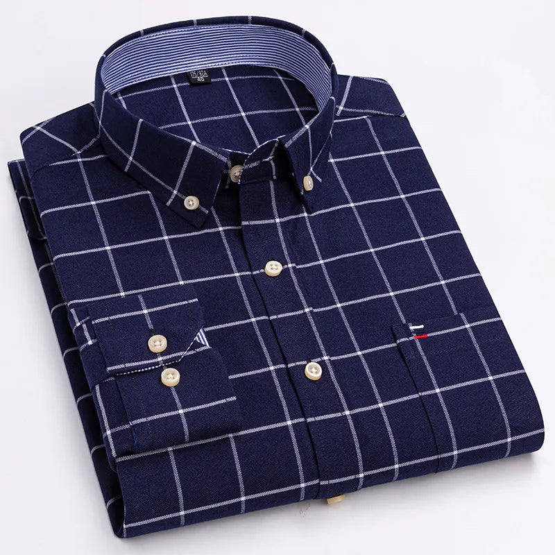 Men's 100% Cotton Shirt Long Sleeve Plaid Oxford Casual Solid Color Print Regular Fit Formal Dress Shirt