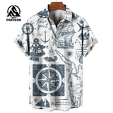 Men's Short Sleeve Shirt Summer Fashion Nautical Compass Anchor Printed Tops Men's Casual Loose Shirts