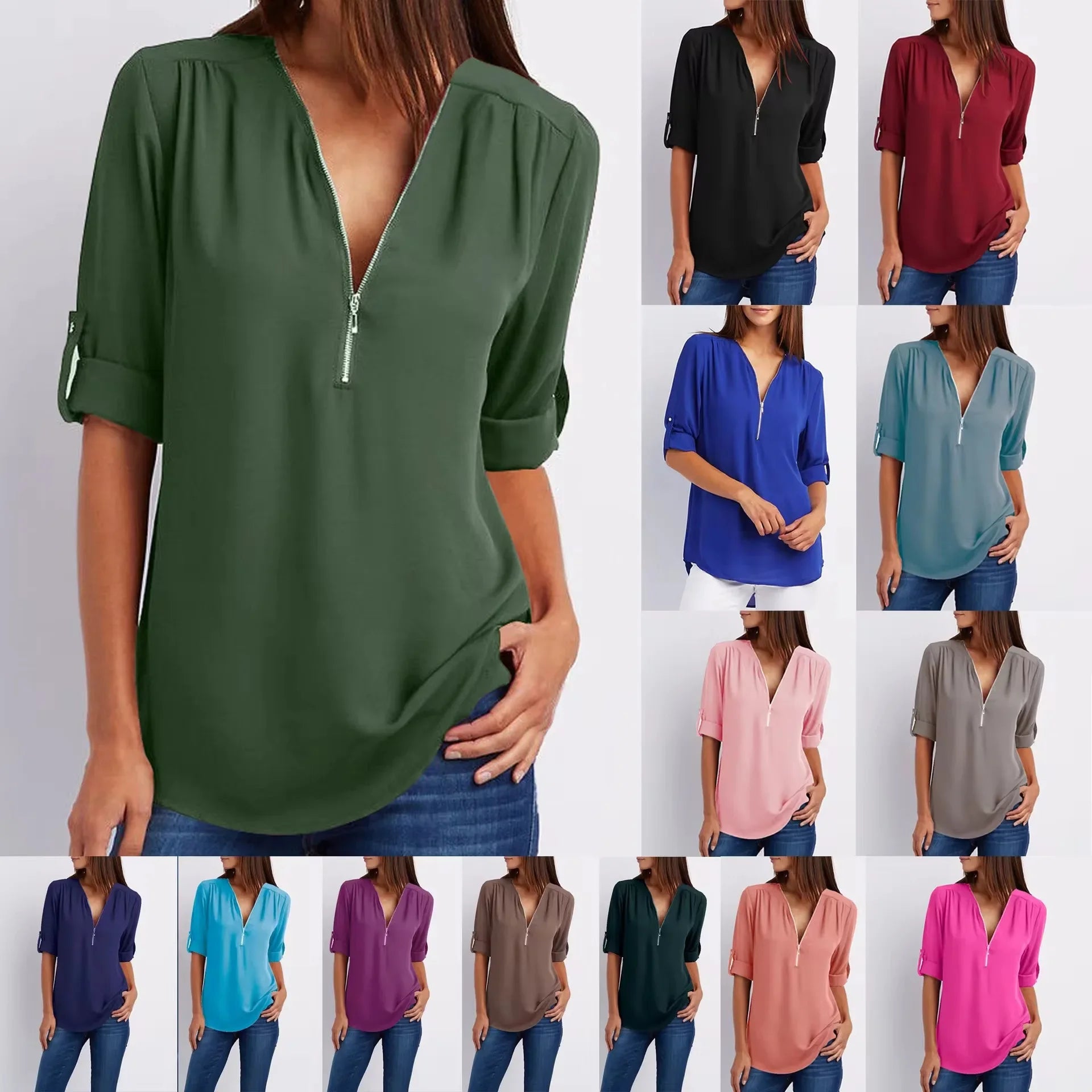 Hot Sale Women Cool Loose Shirt Deep V Neck Chiffon Fashion Blouse Casual Ladies Tops Sexy Zipper Pullover Plus Size