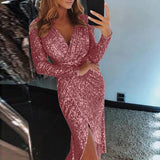 Slim Night Club Party Dress Women Sexy Deep V Sequins Wrap Hip Ruched Long Sleeve Formal Dress Nightclub Performance Costume