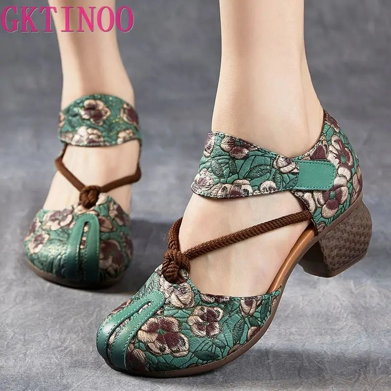 New Women Sandals Summer Genuine Leather Print Thick Heels Sandals Retro Style Round Toe Casual High Heel Shoes