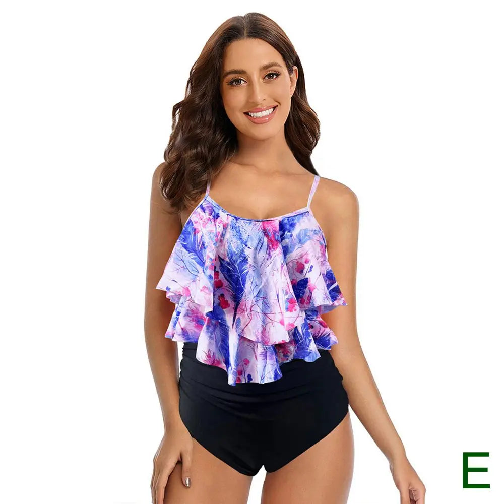 8 Colors Women Ruffled Tankini Set Padded Top With Adjustable Shoulder Straps Elastic Slim Knitted High Waisted Beachwear