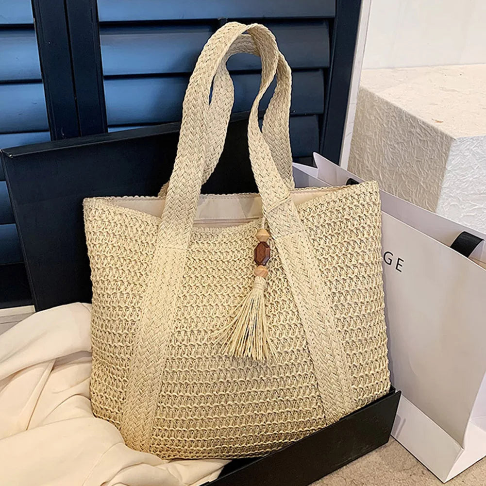 Summer Straw Women Bag Hand-Woven Handbags Handmade Raffia Beach Boho Shoulder Bag Large Tote Bag Tassel Shopping Purses