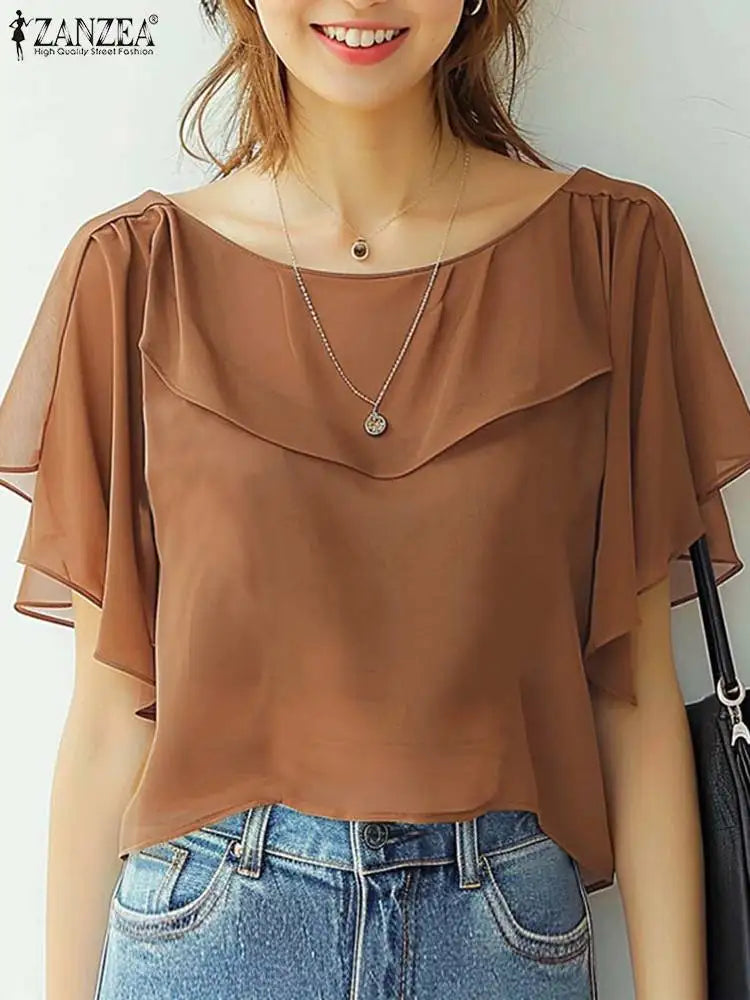 Summer Women Chiffon Blouse Elegant Ruffle Short Sleeve Tops Shirt Korean Fashion Casual Tunic Chic Ruffle Hem Blusa