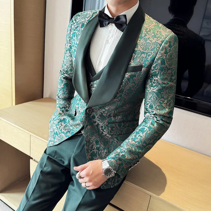 Spring New Men's (suit + Vest + Trousers) British Style Business Casual Three-piece High-density Jacquard Wedding Dress