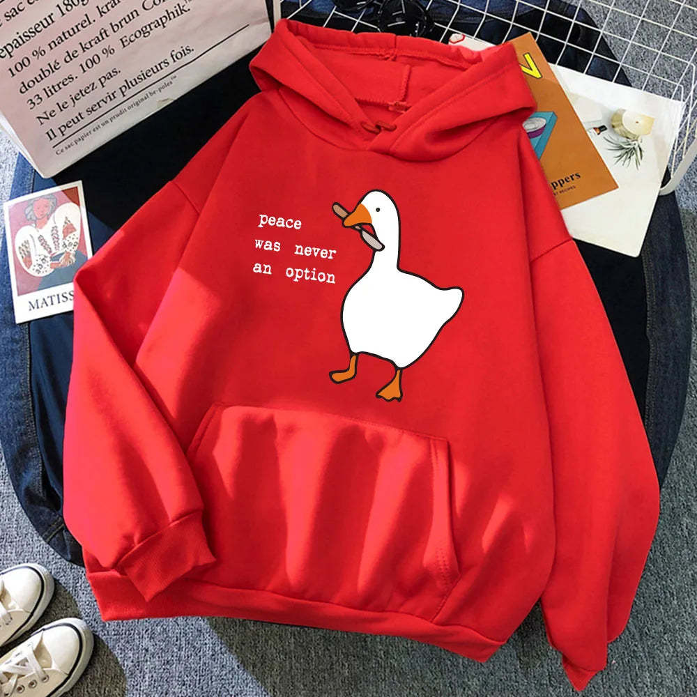 Peace Was Never An Option Goose Printing Mens Hoodies Cute Casual Pullover Creativity Pocket Warm Pullovers Fashion Male Hoody