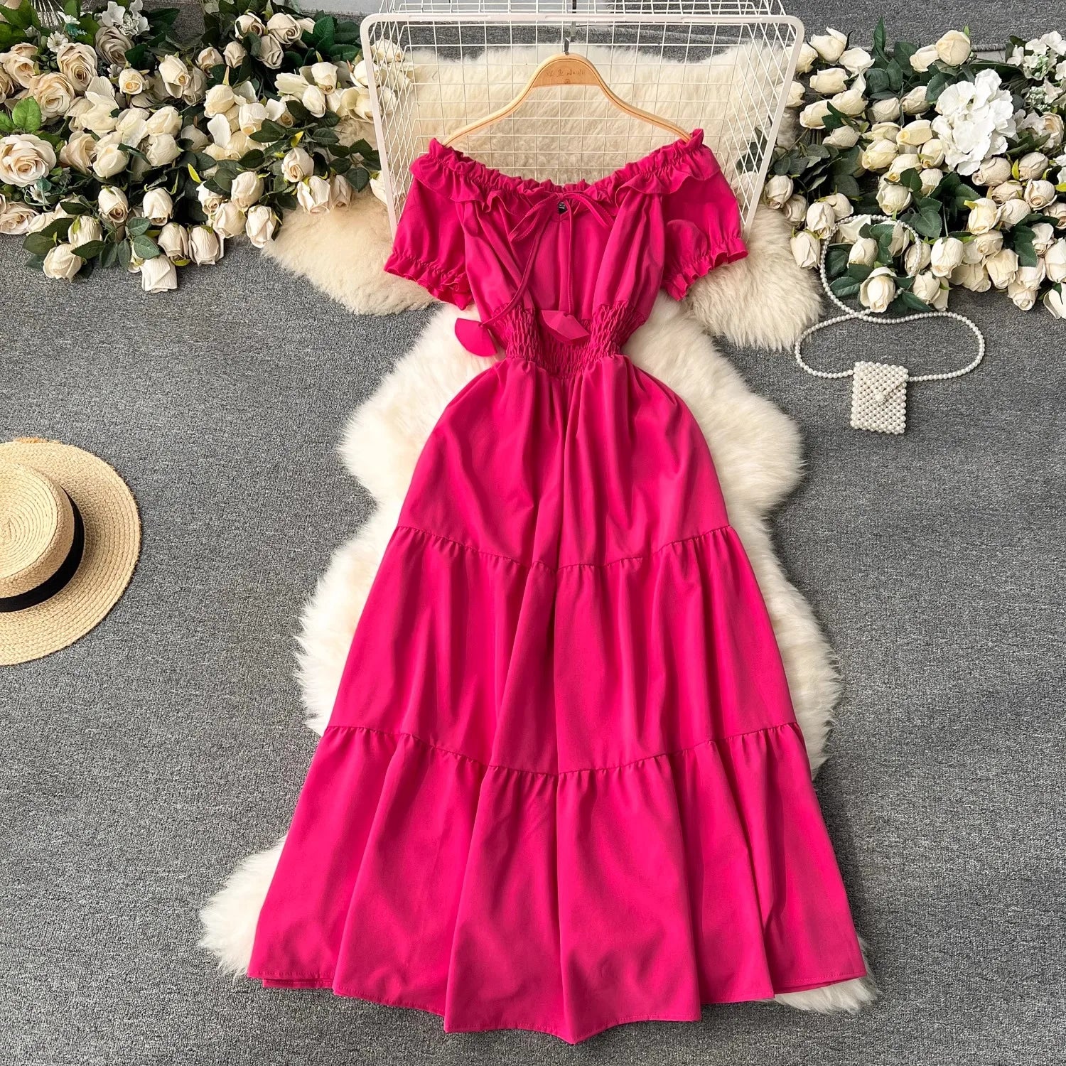 YuooMuoo Summer Vacation Slim Elastic Waist Long Dress Women Elegant Off Shoulders Big Swing Maxi Beach Dress Party Robe Femme