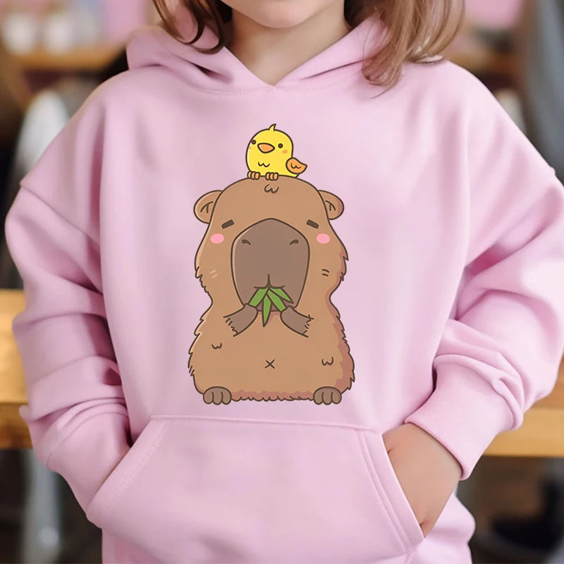 Cute Capybara Loves Bubble Tea kids hoodie pink plus velvet sweater autumn and winter tops for girls