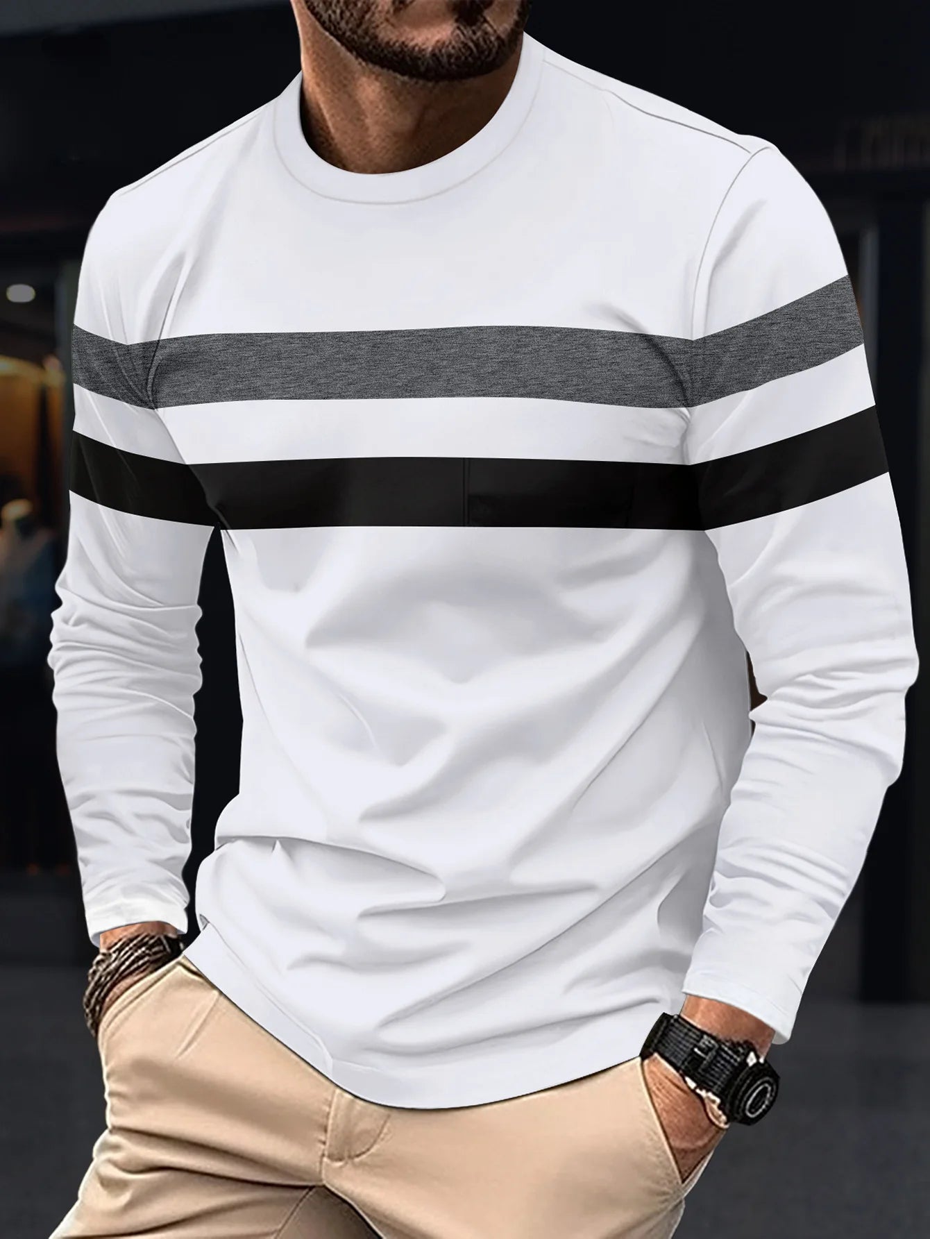 Spring and Autumn Fashion Men's Long Sleeve Round Neck Splicing T-shirt Business Anti Wrinkle Street Wear Casual Top