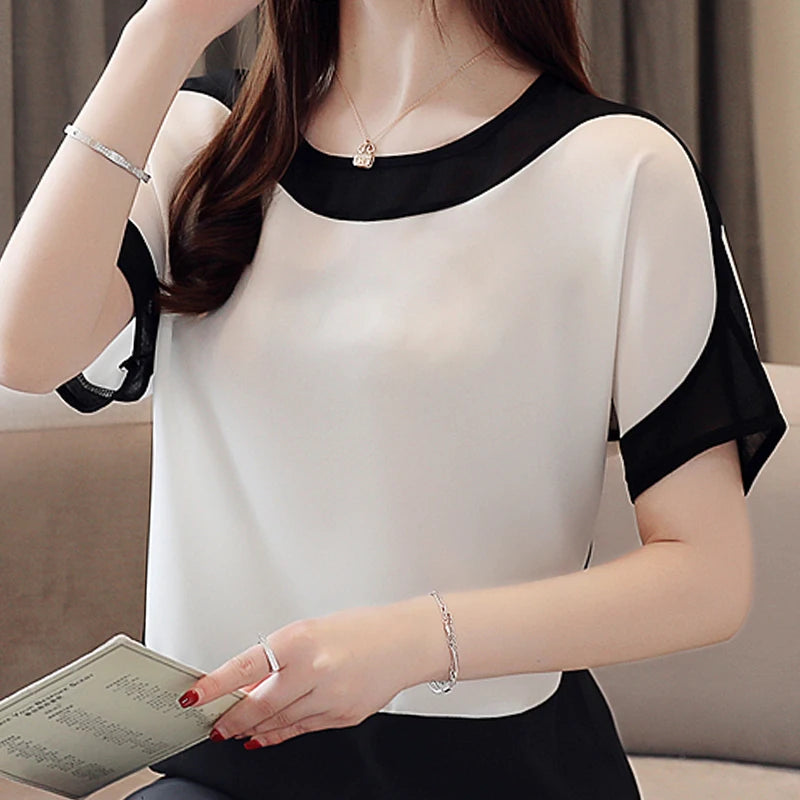 Blouses Summer White Blouse Short Sleeve Blouse Women Blusas Mujer De Moda Verano O-Neck Chiffon Blouse Shirt Tops