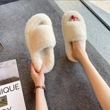 Fashion One Word Thick Fur Slippers Double Fur Slippers Casual Home Cotton Shoes for Women Flat Plush Cross Straps Slippers