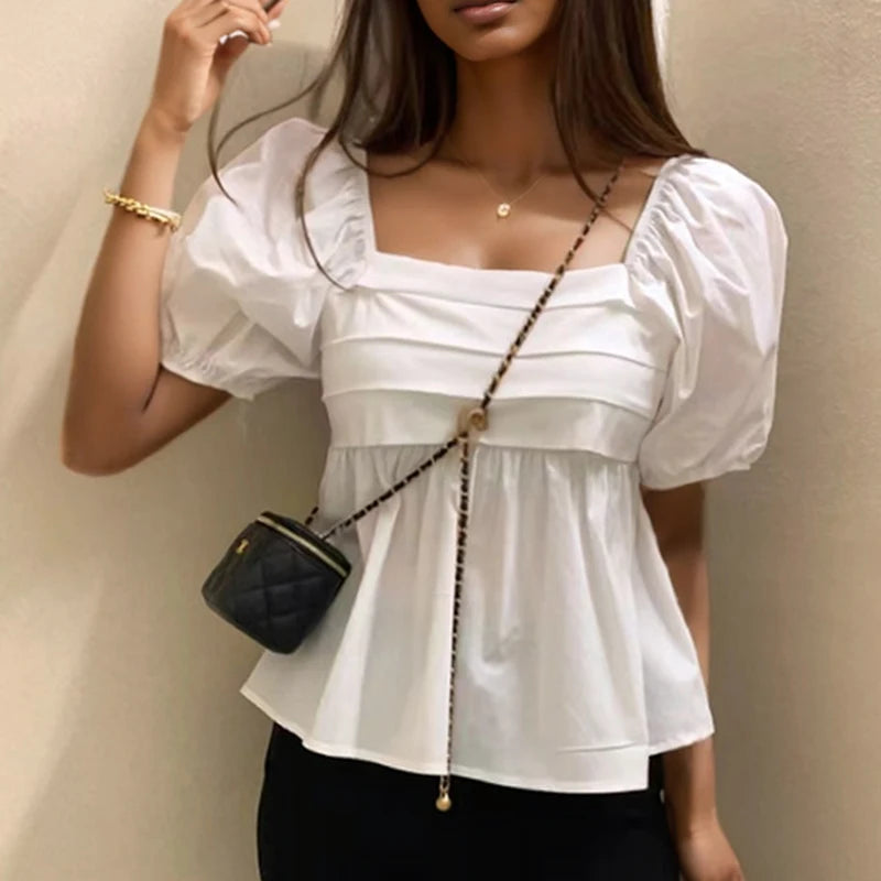 Elegant Square Neck Summer White Blouse Fashion Women New Puff Short Sleeve Simple Shirt Ladies Casual Pleated Short Tops