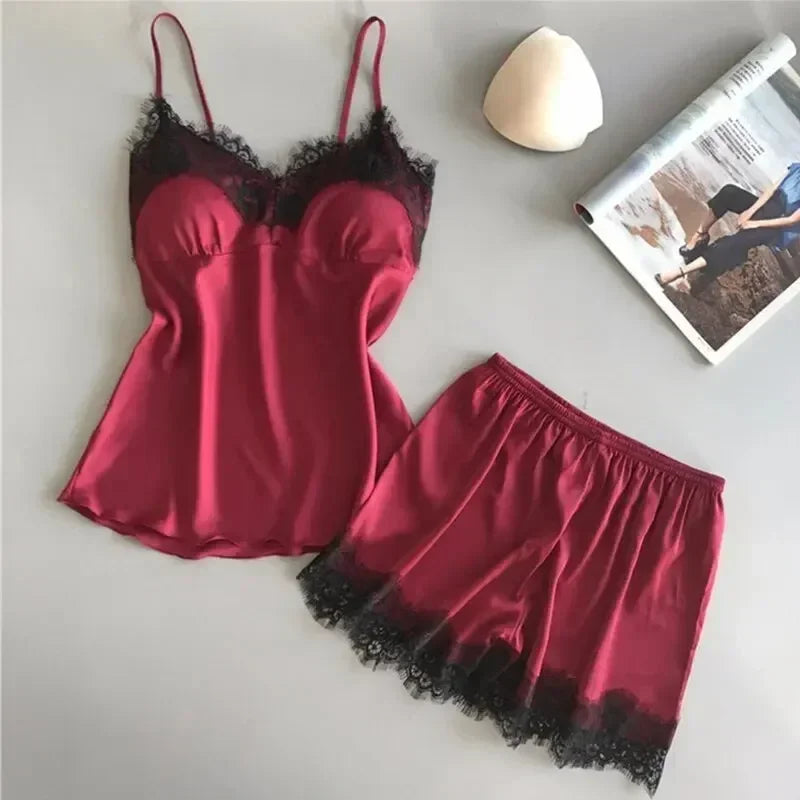 New Women's Satin Ice Silk Pajama Suits V-Neck Lace Stretch Female Seamless Sexy Lingerie Homewear Pyjamas Shorts Sets Sleepwear