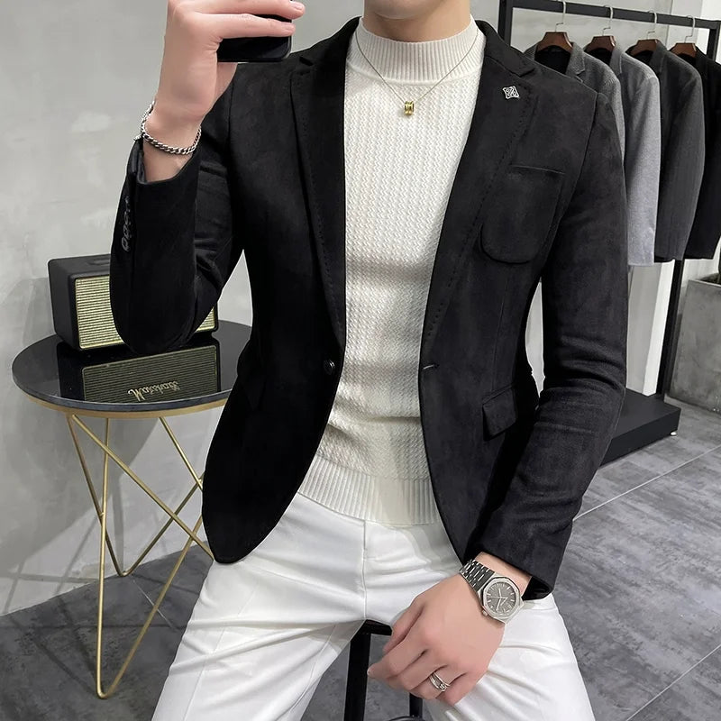 Men's Deerskin Fleece Jacket Suit Coat Blazer Men's Business Leisure Slim Fit Brand Fashion High Quality Single Button Suit Coat