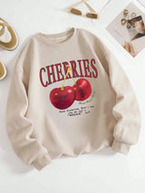 Fashion Womens Sweatshirt Fresh Red Cherries Printing Pullover Crewneck Fleece Soft Breathable Hoodie Autumn Female Streetwear