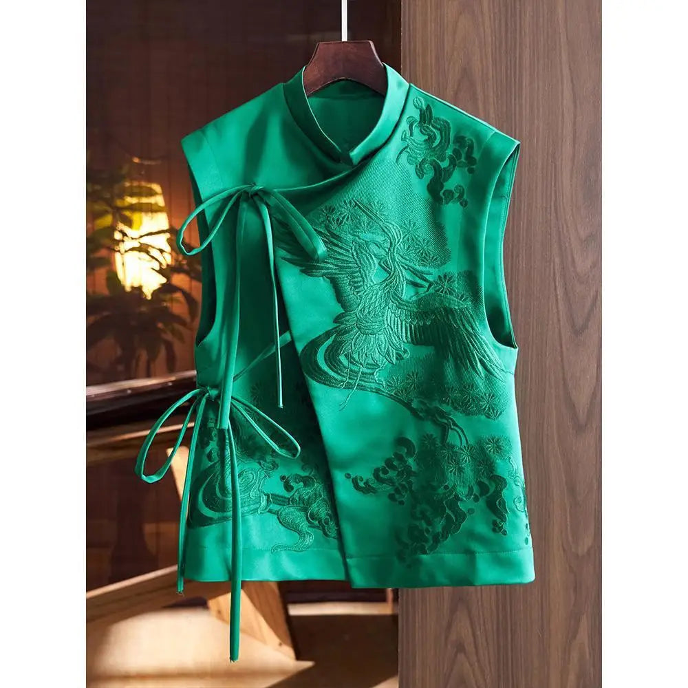 Chinese Style Top Women Tang Clothes Embroidery Phoenix Flower Qipao Lady Mandarin Collar Vest Vintage Clothing Casual Wear