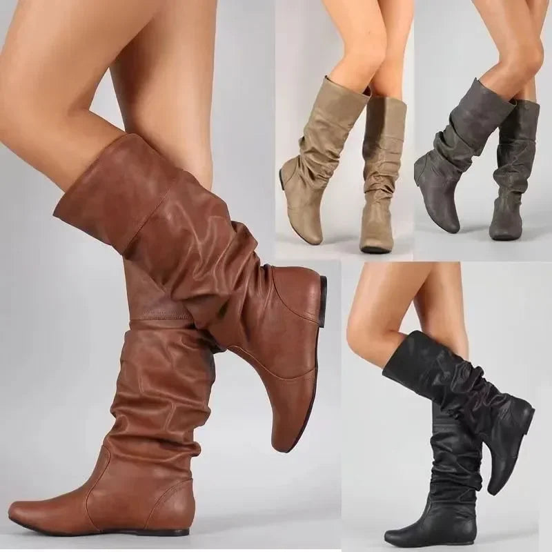 Mid-Calf Boots Women Flat Shoes Spring Autumn Women High Boots Long Western Cowboy Boots Women Footwear Large size 35-43