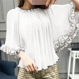 Women's Bat Sleeve Party Blouse Korean Ruffle Patchwork Tops Vintage Elastic Round Neckline Tunic Casual Summer Blusas