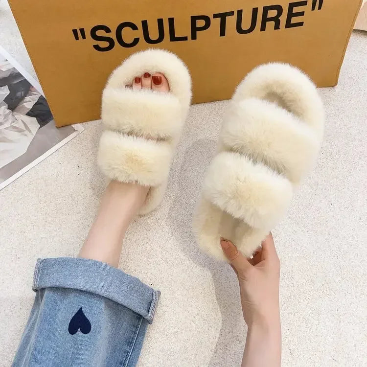 Fashion One Word Thick Fur Slippers Double Fur Slippers Casual Home Cotton Shoes for Women Flat Plush Cross Straps Slippers