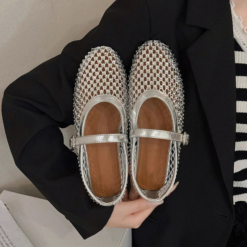 Mesh Breathable Rhinestone Fashion Versatile Women's New Foreign Style Niche Belt Flat Soft Soled Mary Jane Shoes Womens Shoes