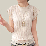 Summer Casual Solid Blouses for Women Petal Sleeve Floral Lace Tops Sweet Chiffon O-neck Short Shirts Elegant Chic New