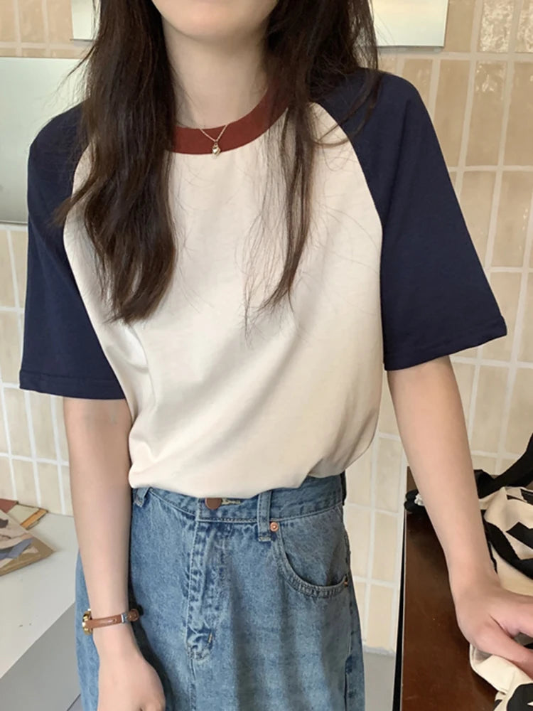 AOSSVIAO Summer Tops for Women Tshirt Turn Down Collar Short Sleeve Beige Blue Chic Y2k Fashion Patchwork 2024 T Shirts